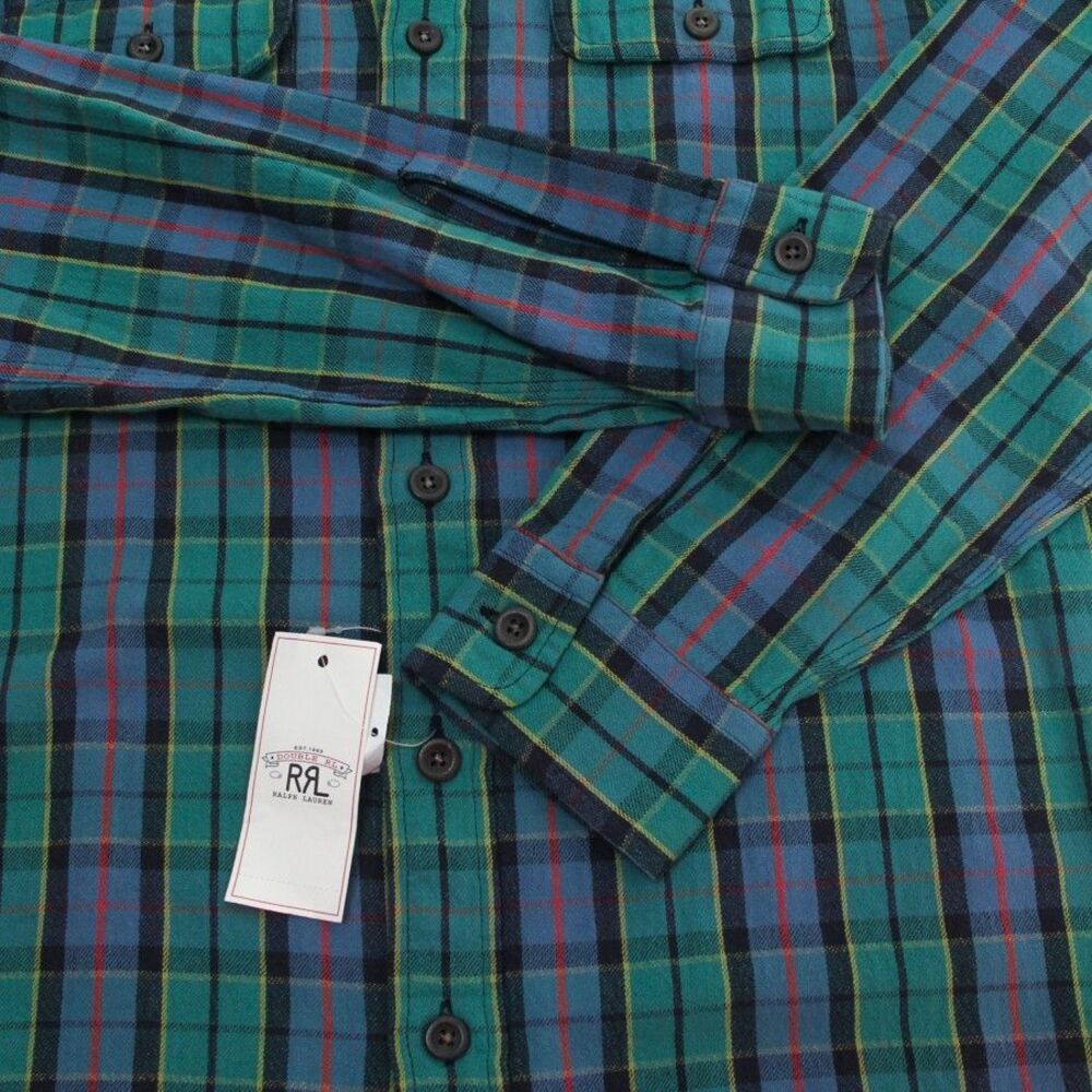 RRL Double Ralph Lauren Cotton Green/Blue Multi Plaid Button Down Shirt, Small - Picture 6 of 12